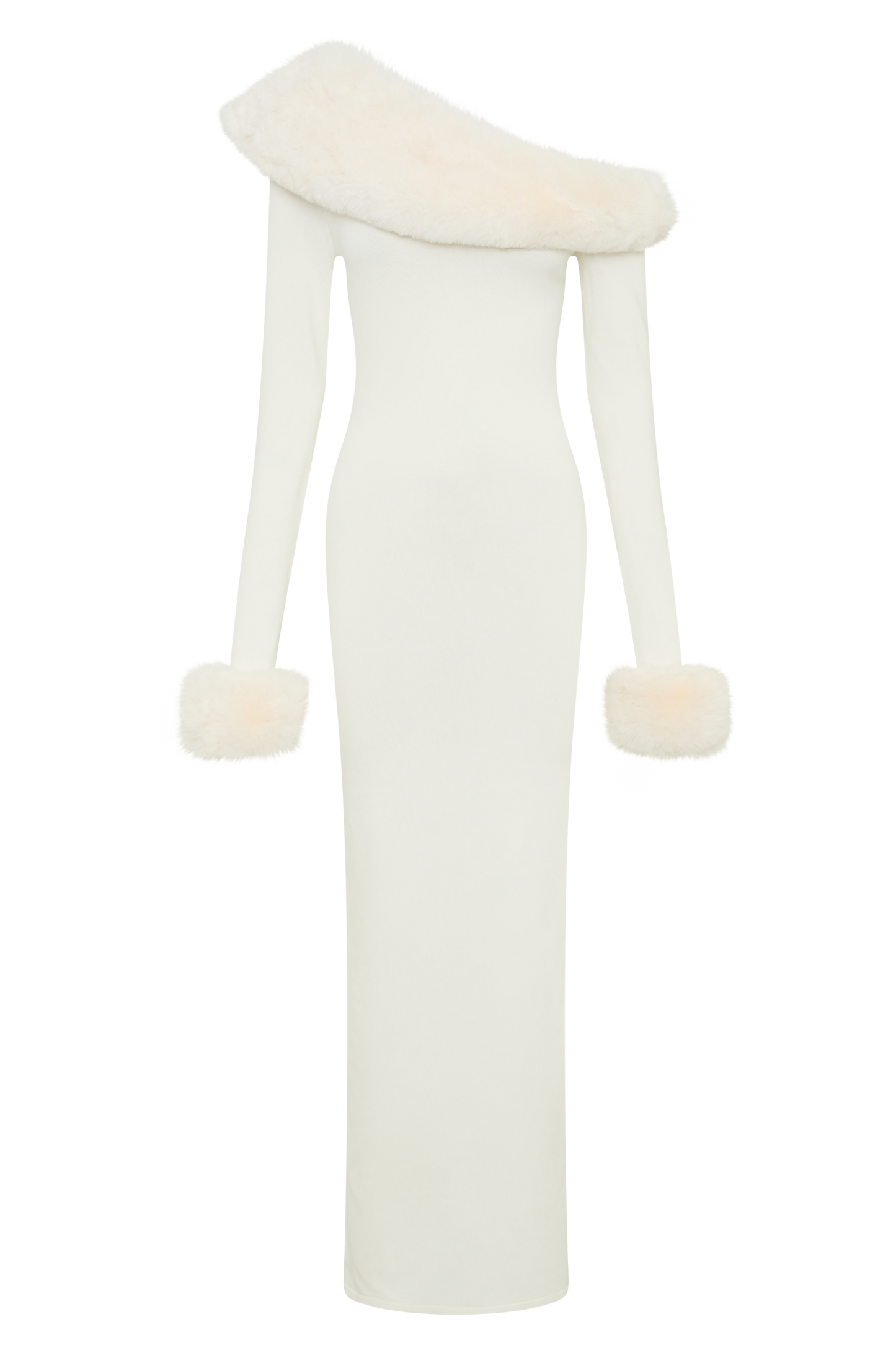 ROF Karleigh Suni Kürklü Örgü Maxi Elbise - Fildişi