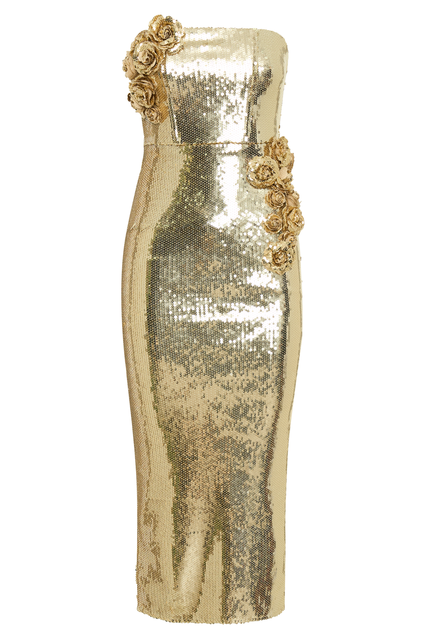 ROF Cassia Straplez Payet Gül Midi Elbise - Altın
