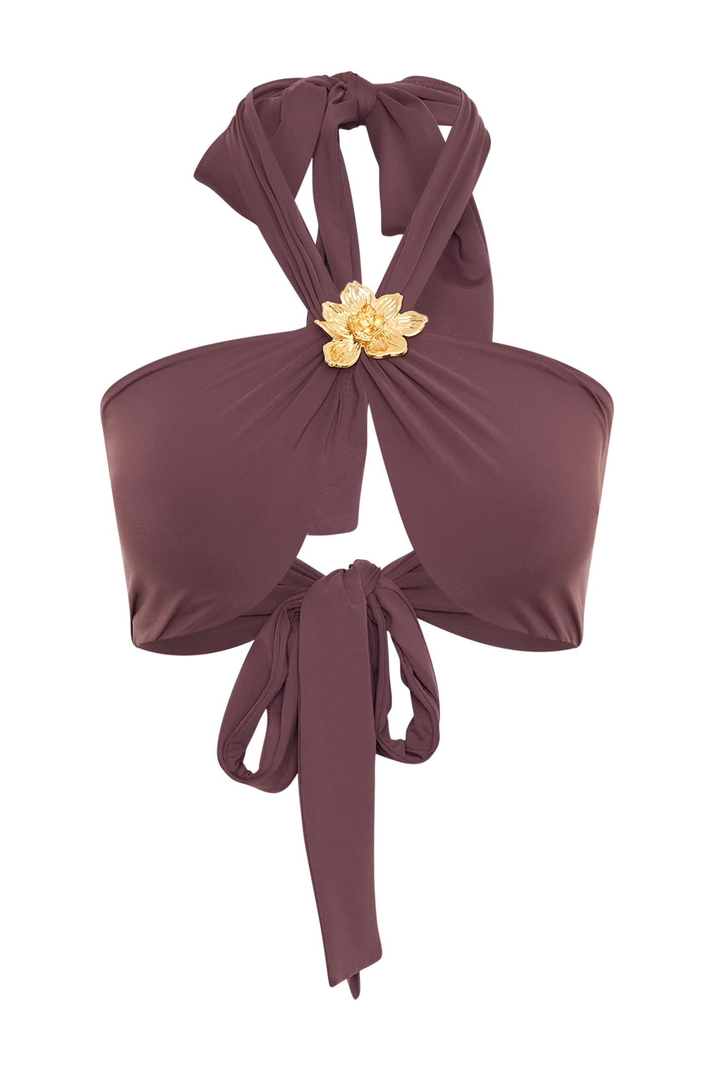 ROF Carissa Floral Donanımlı Boyundan Bağlamalı Bikini Üstü - Çikolata