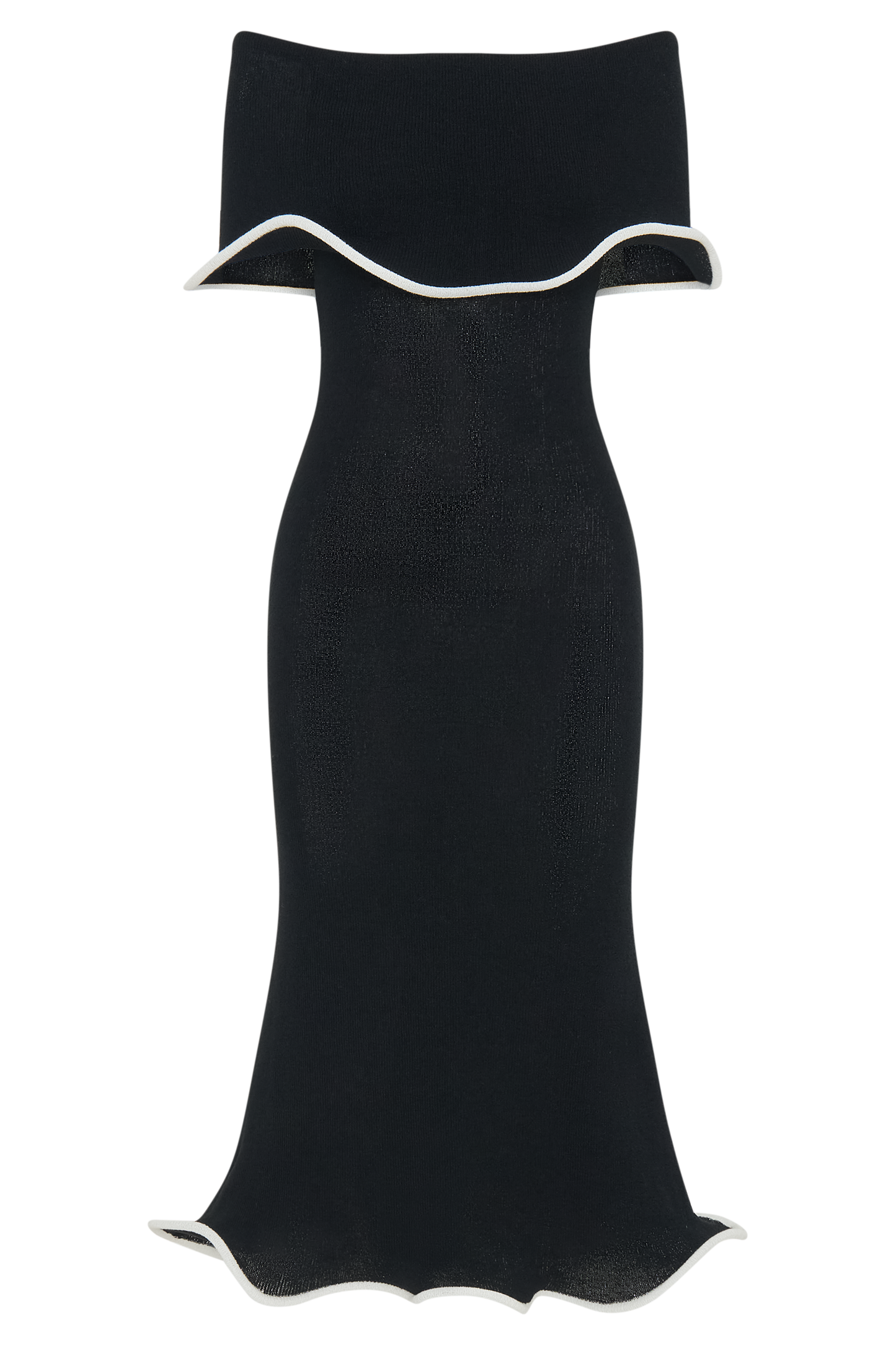 ROF Molly Düşük Omuzlu Triko Midi Elbise - Siyah/Beyaz