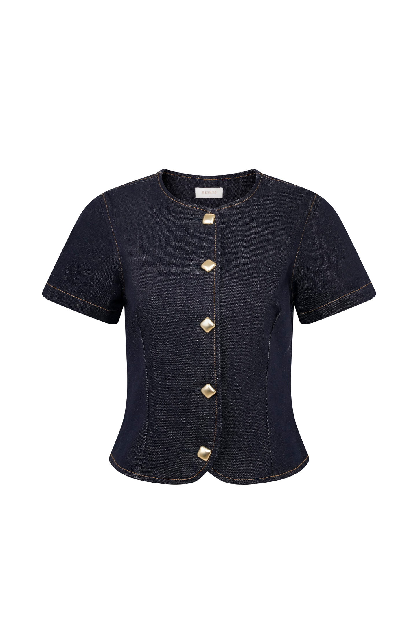 ROF Bethany Kısa Kollu Düğmeli Denim Üst - Yıkanmış İndigo Mavi