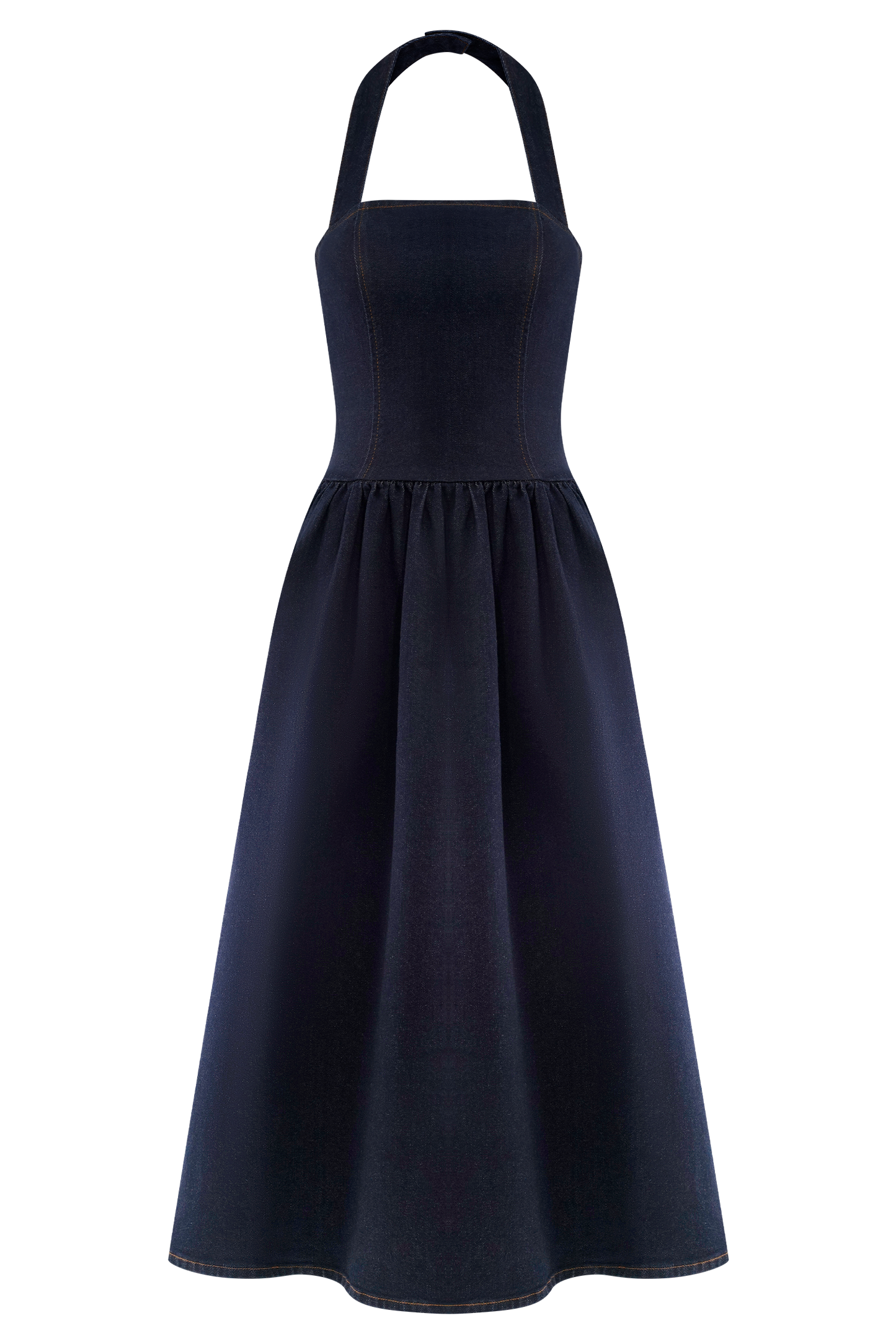 ROF Caroline Denim Boyundan Bağlamalı Midi Elbise - İndigo Mavi