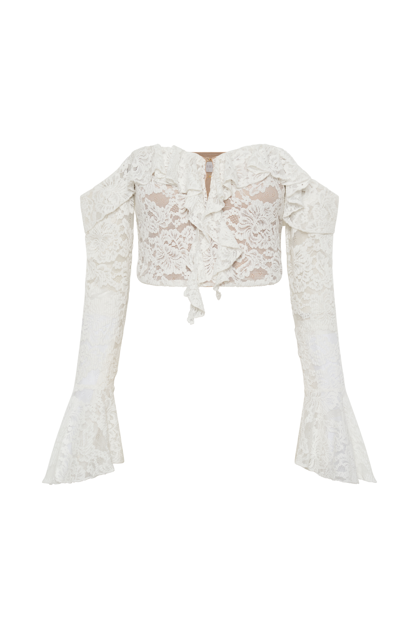 ROF Artemis Dantelli Plisse Düşük Omuzlu Üst - Fildişi