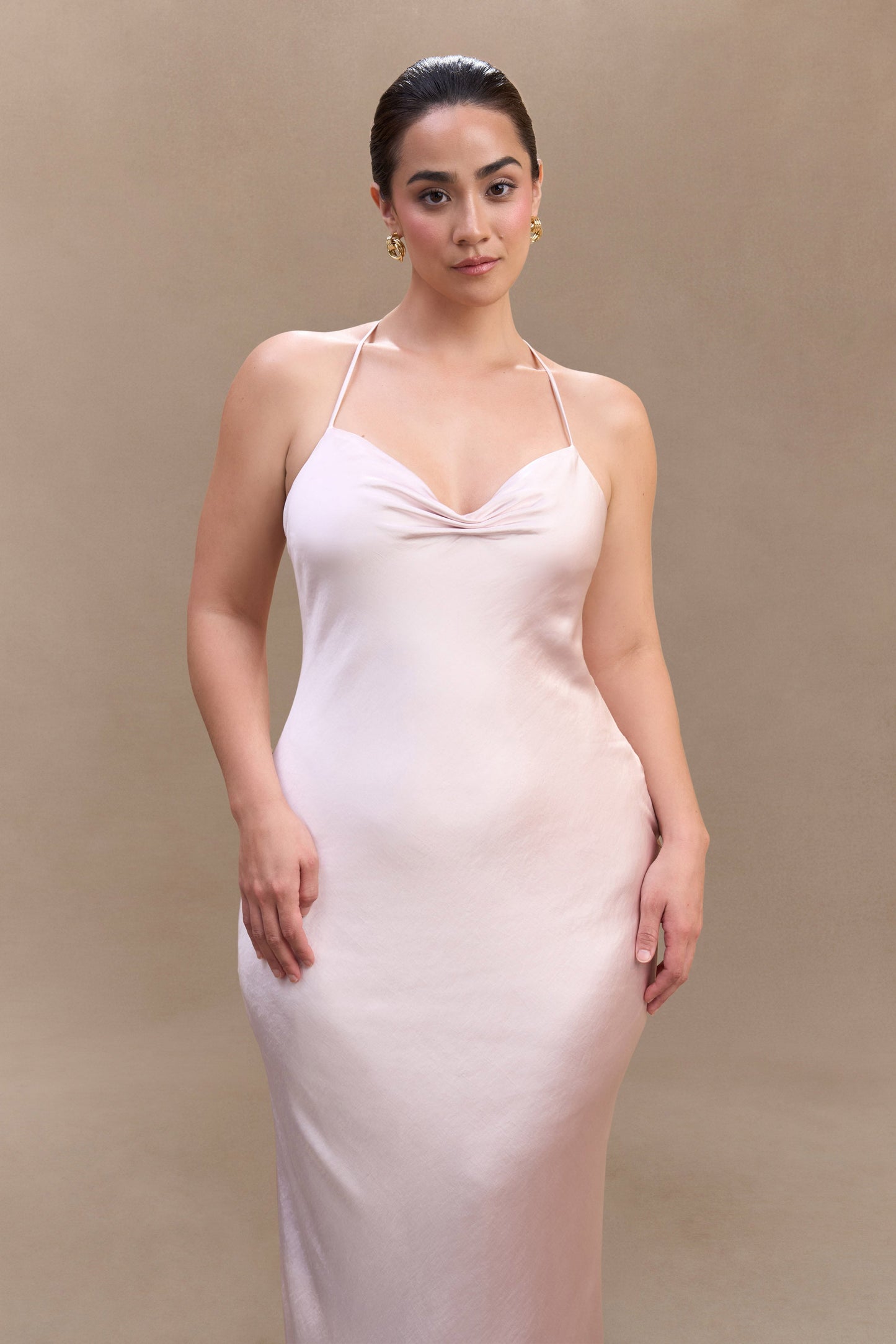 ROF Lilly Sweetheart Saten Uzun Elbise - Soft Pembe