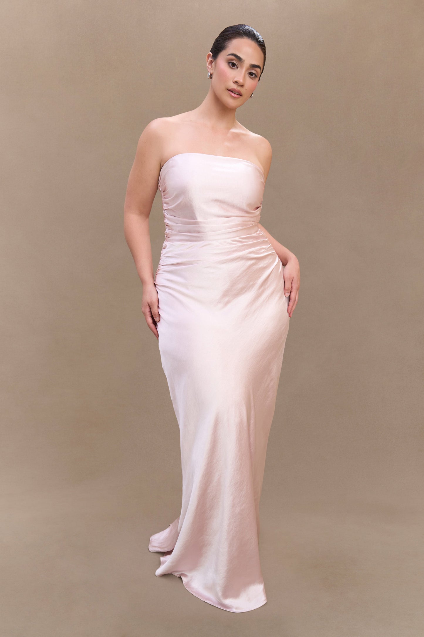 ROF Sedir Straplez Saten Maxi Elbise - Soft Pembe