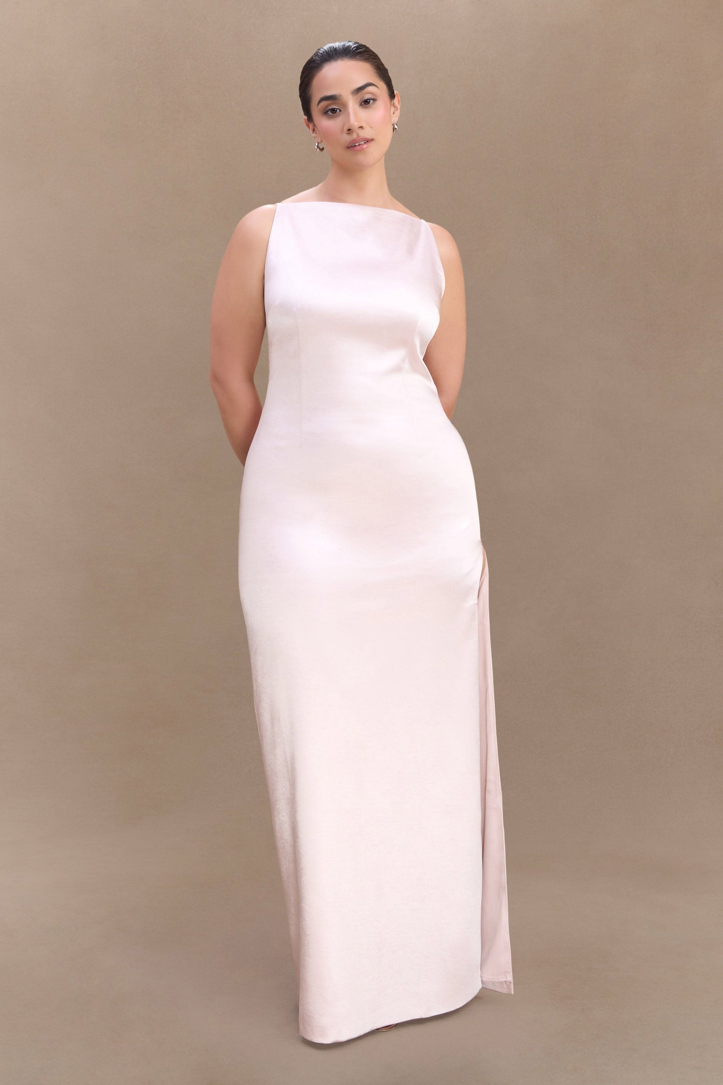 ROF Mor Kolsuz Saten Maxi Elbise - Soft Pembe