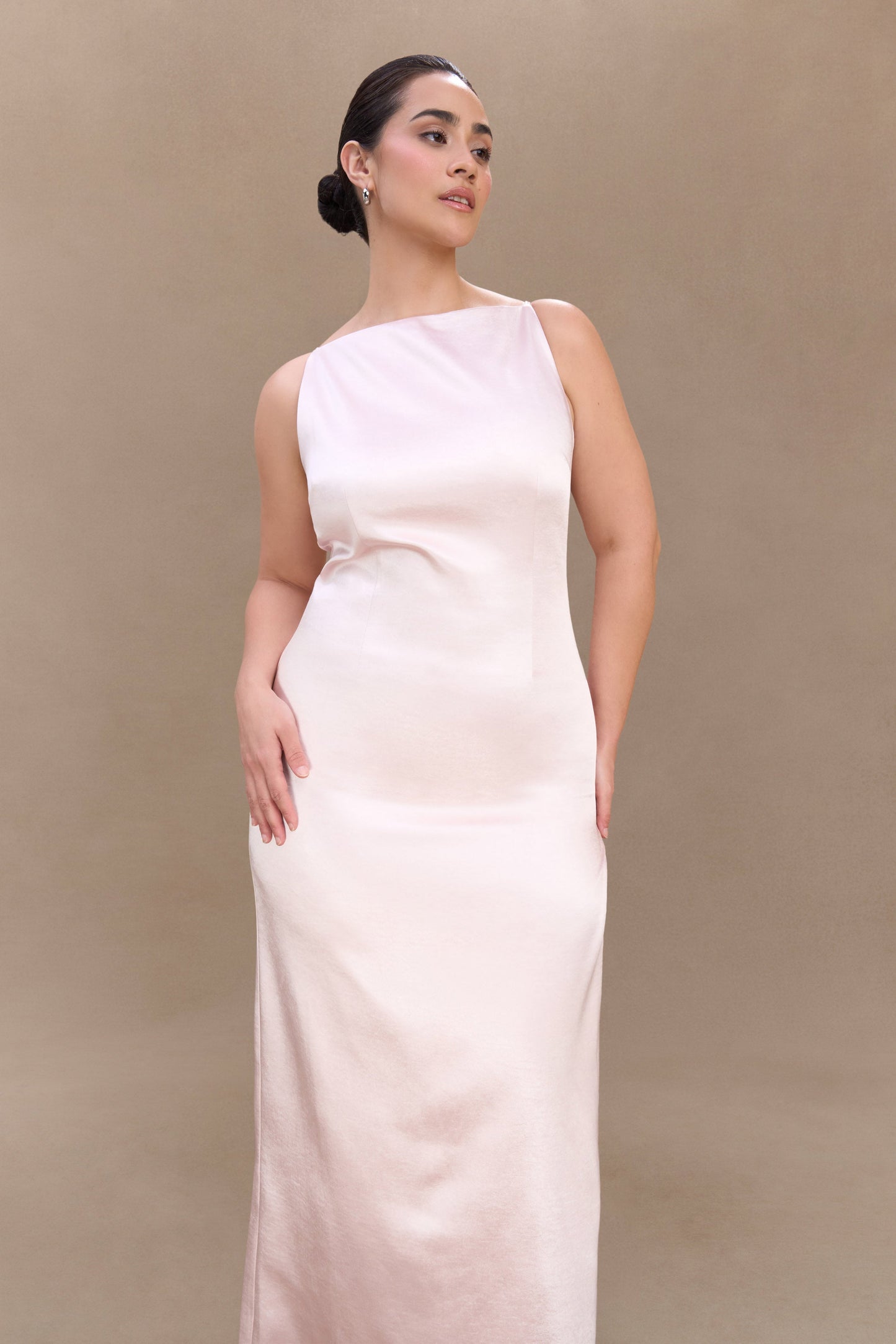 ROF Mor Kolsuz Saten Maxi Elbise - Soft Pembe
