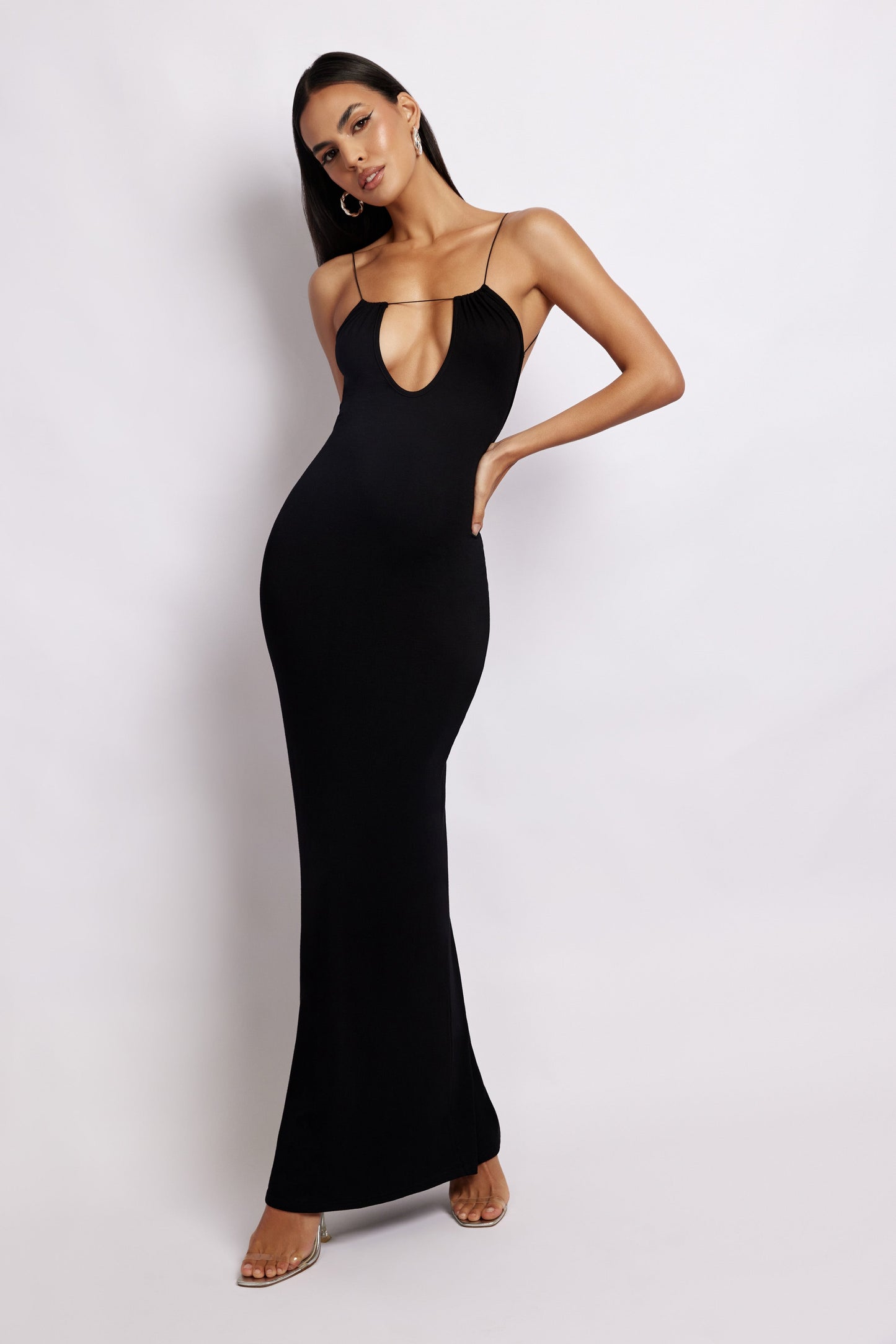 ROF Kirsty Strappy Yuvarlak Kesim Uzun Elbise - Siyah