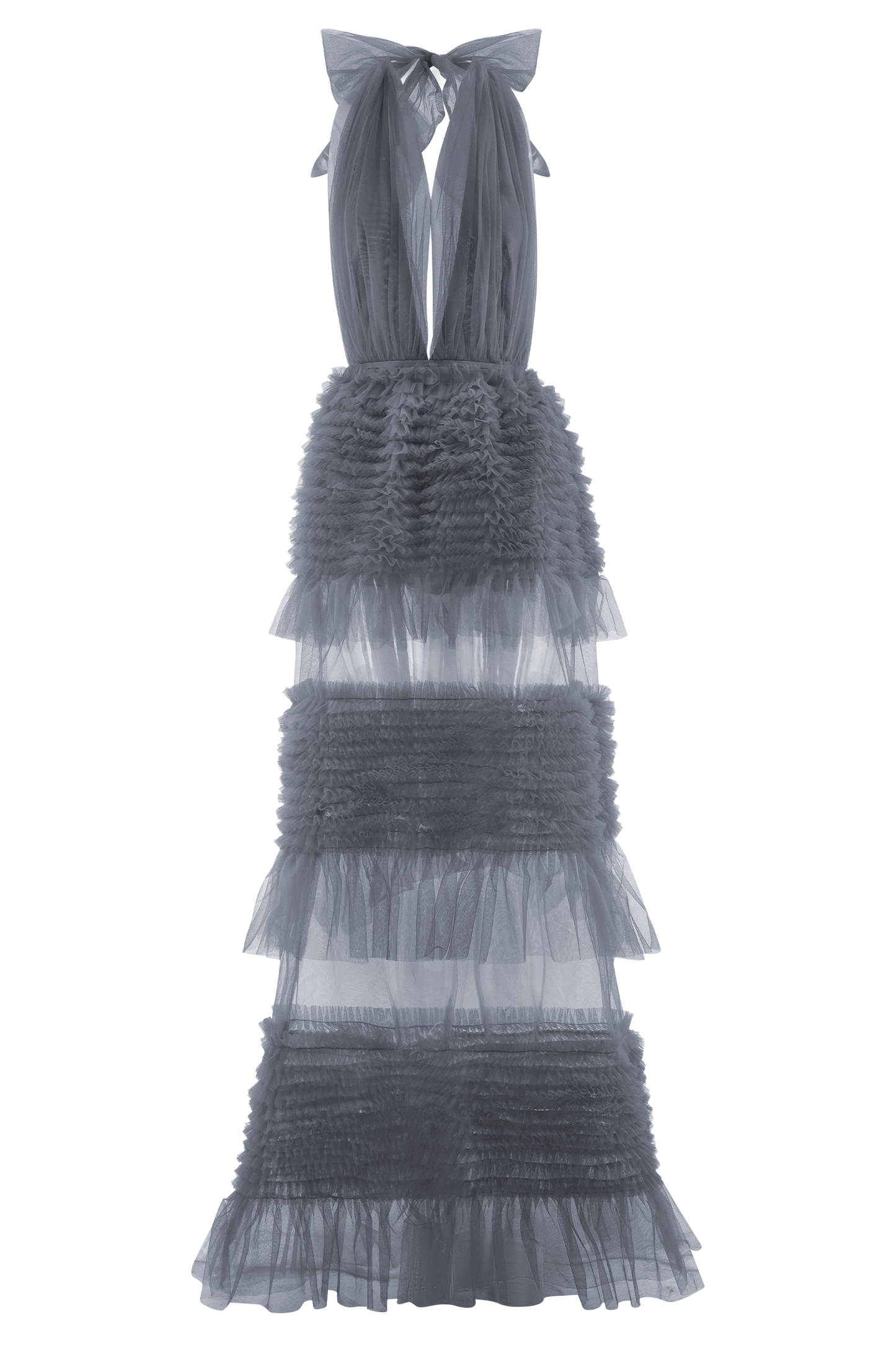 ROF Minka File Fırfırlı Boyundan Bağlamalı Maxi Elbise - Tozlu Mavi