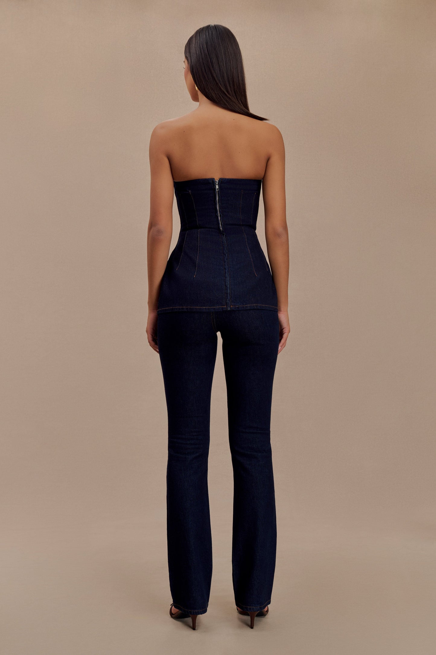 ROF Madelyn Straplez Longline Denim Üst - İndigo Mavi