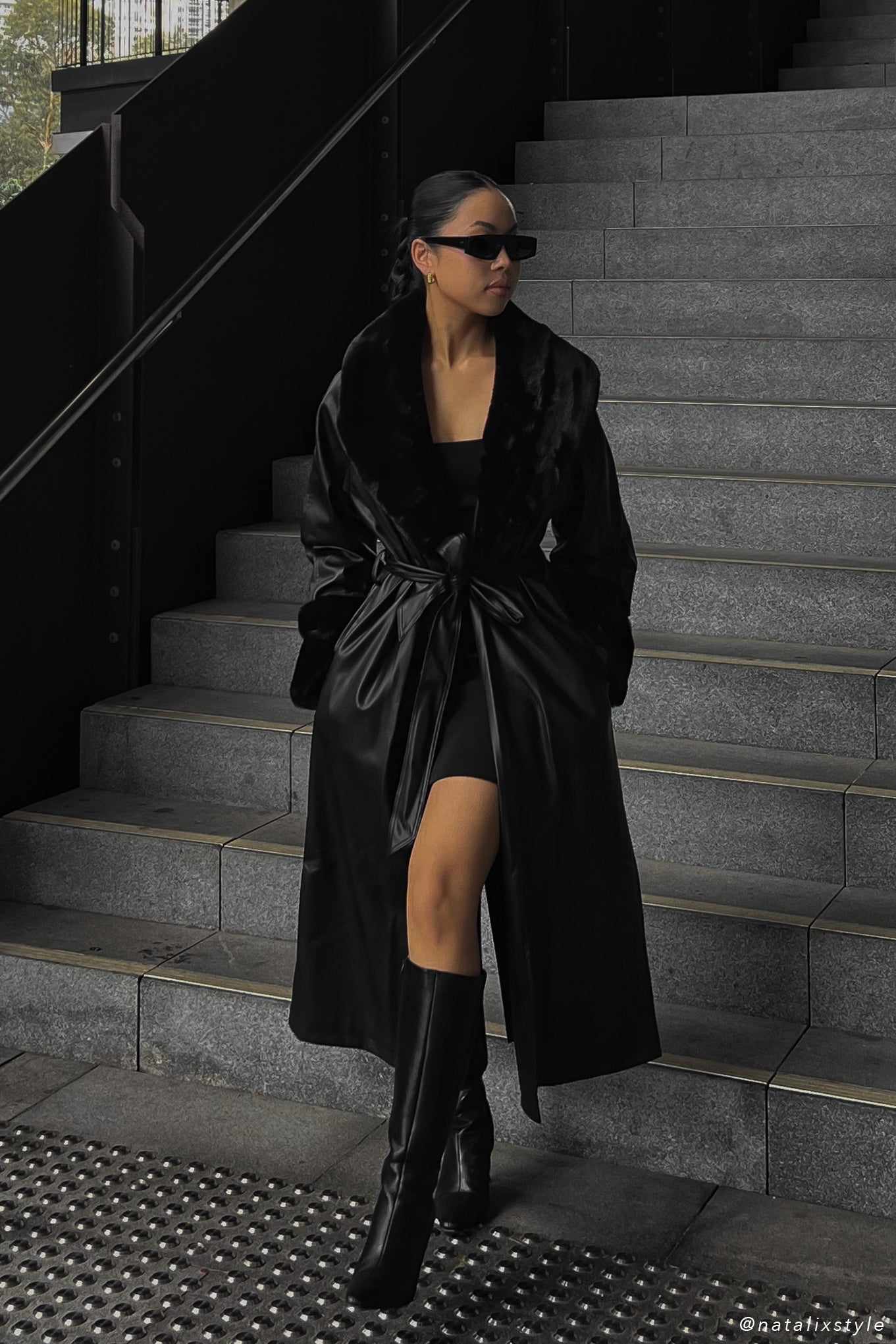 ROF Rebekah Oversize Kürklü Pu Trençkot - Siyah