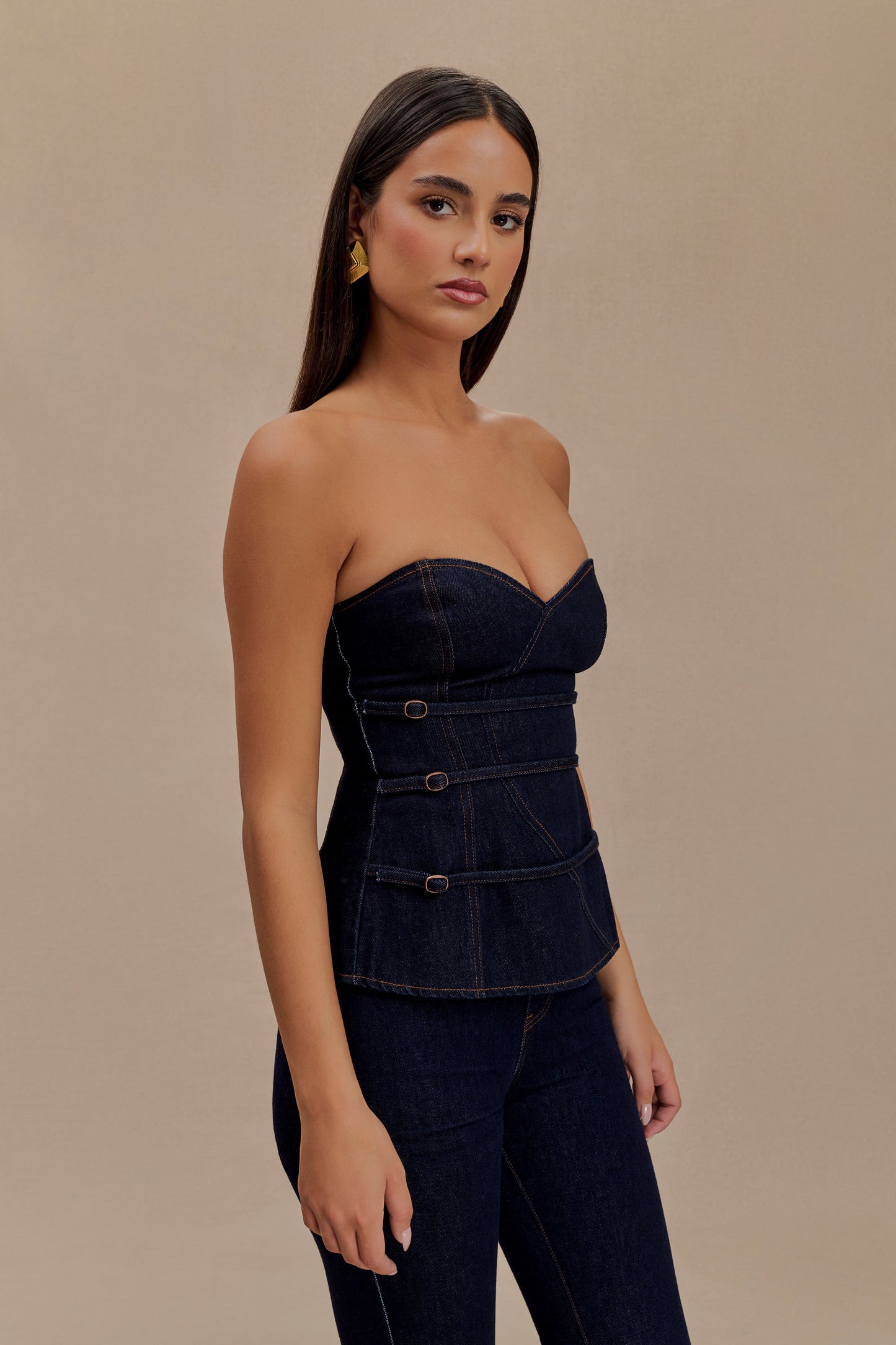 ROF Sylas Straplez Tokalı Denim Üst - İndigo Mavi