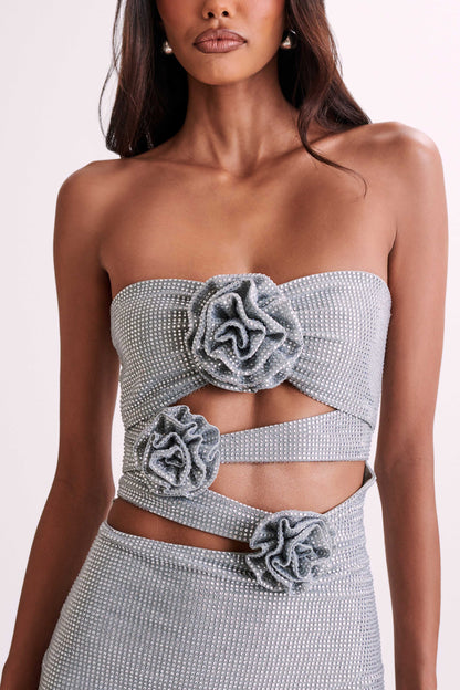 ROF Korinna Straplez Rose Diamante Mini Elbise - Gümüş