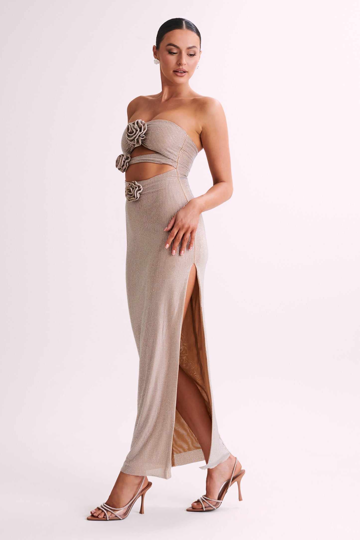 ROF Stassie Straplez Rose Diamante Maxi Elbise - Ten Rengi