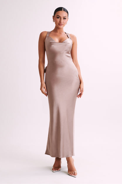 ROF Caellie Saten Cowl Maxi Elbise - Taupe