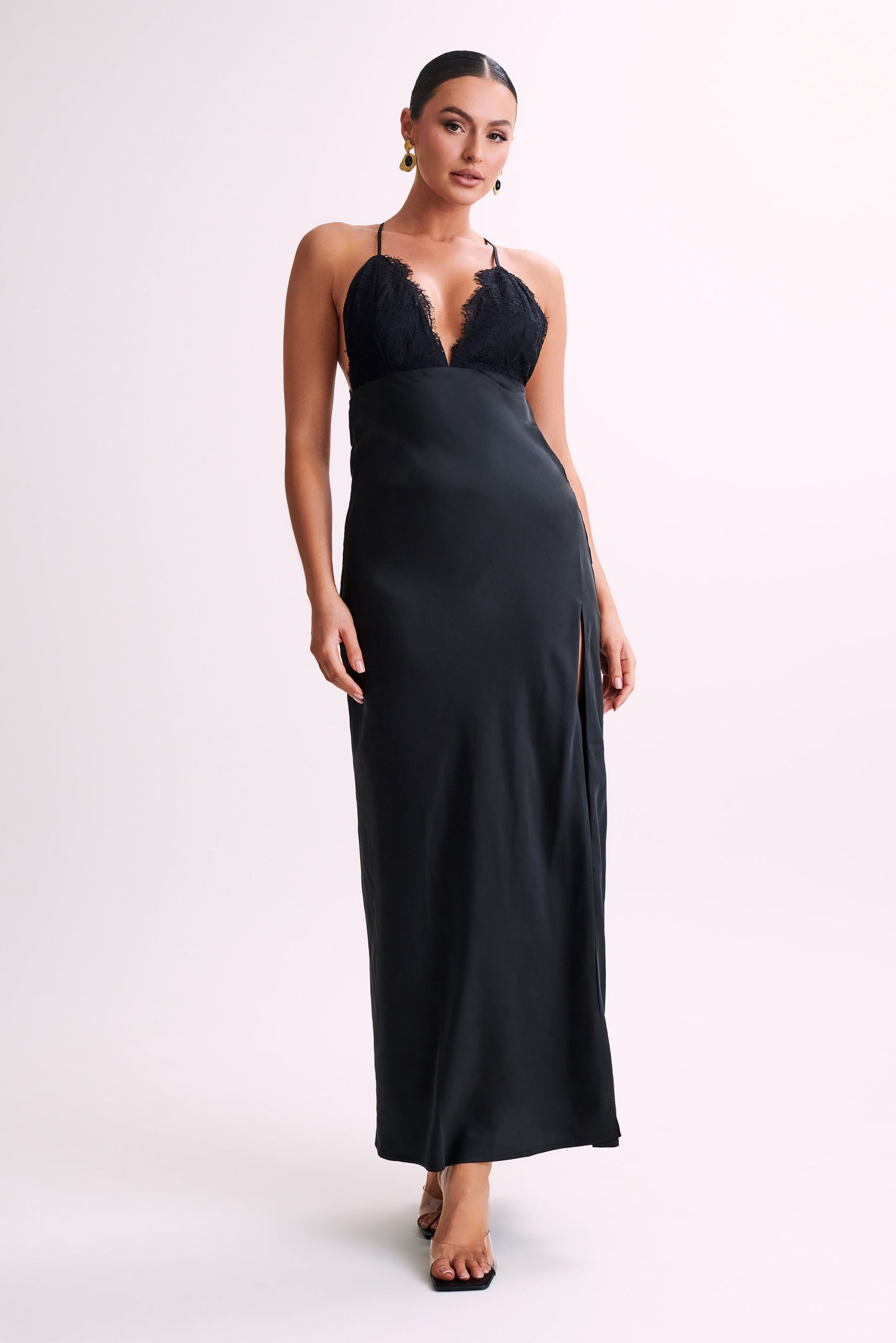 ROF Gina Saten Slip Uzun Elbise - Siyah