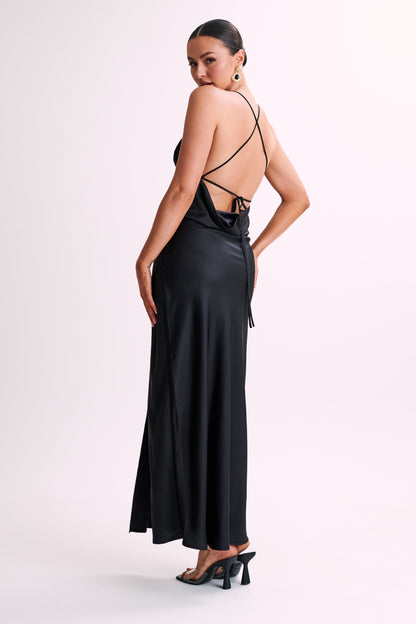 ROF Gina Saten Slip Uzun Elbise - Siyah