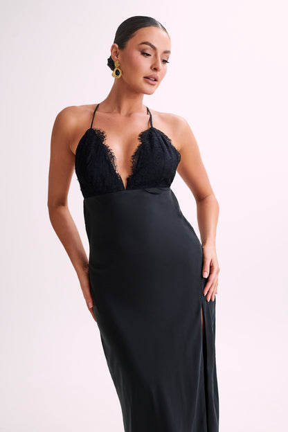 ROF Gina Saten Slip Uzun Elbise - Siyah