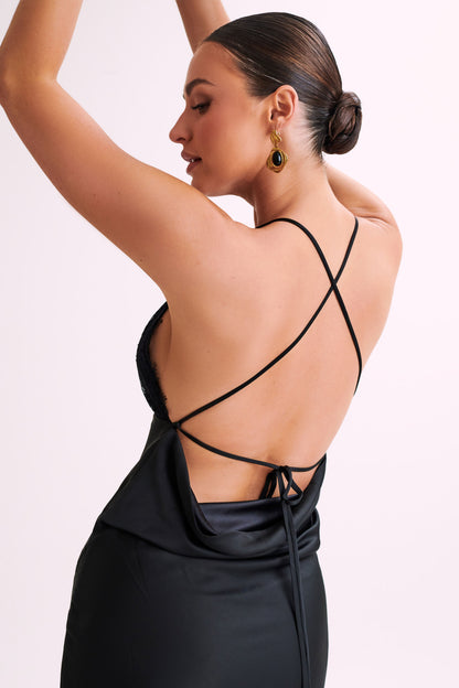 ROF Gina Saten Slip Uzun Elbise - Siyah