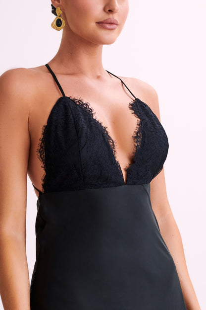ROF Gina Saten Slip Uzun Elbise - Siyah