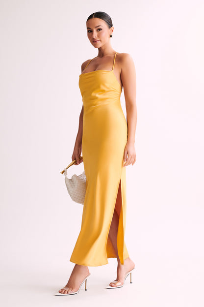 ROF Sydney Düz Yaka Slip Maxi Elbise - Sarı