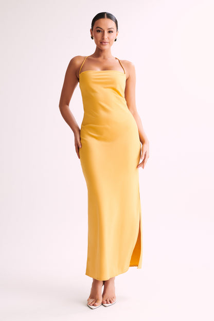 ROF Sydney Düz Yaka Slip Maxi Elbise - Sarı