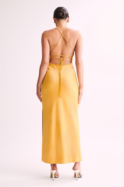 ROF Sydney Düz Yaka Slip Maxi Elbise - Sarı