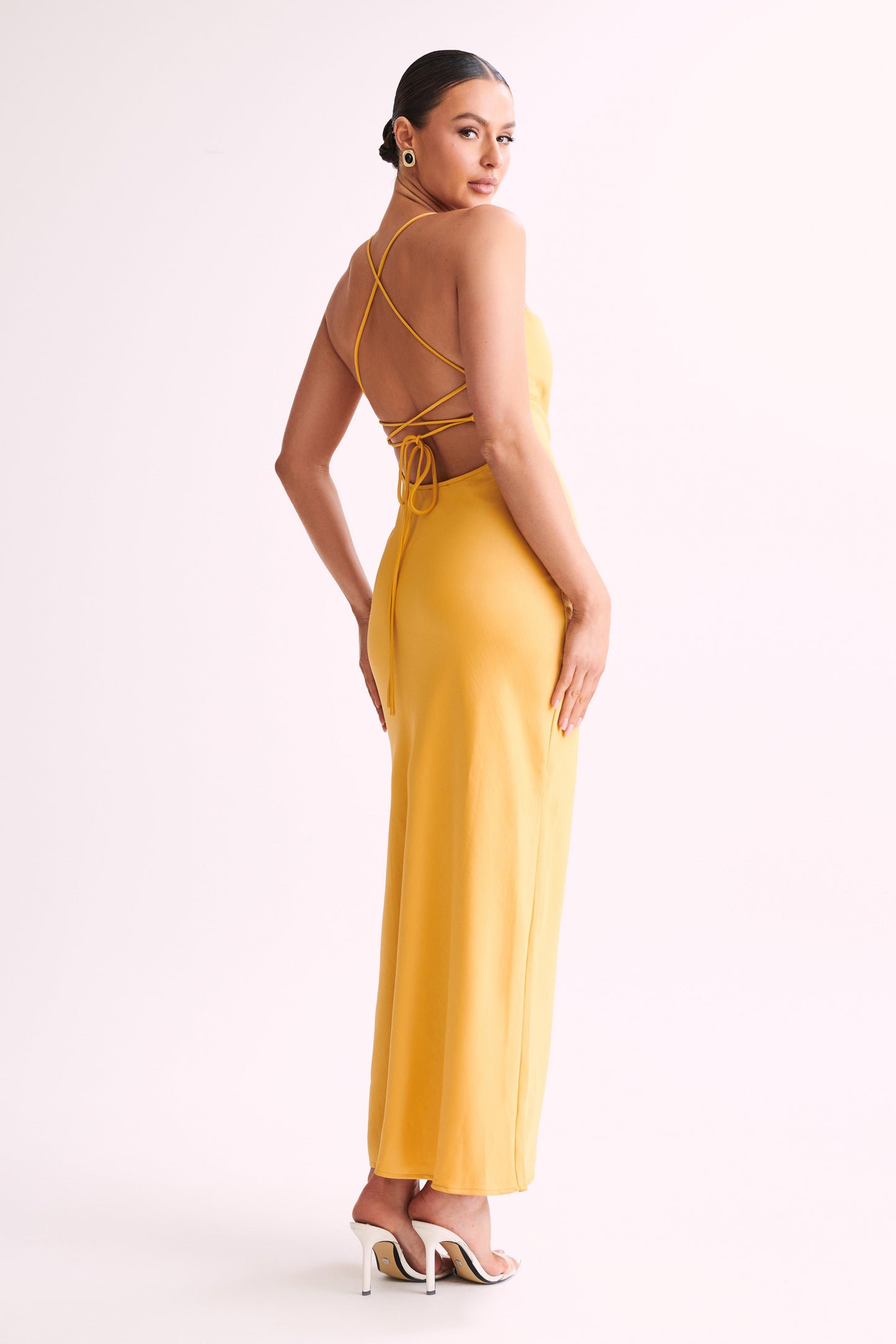 ROF Sydney Düz Yaka Slip Maxi Elbise - Sarı