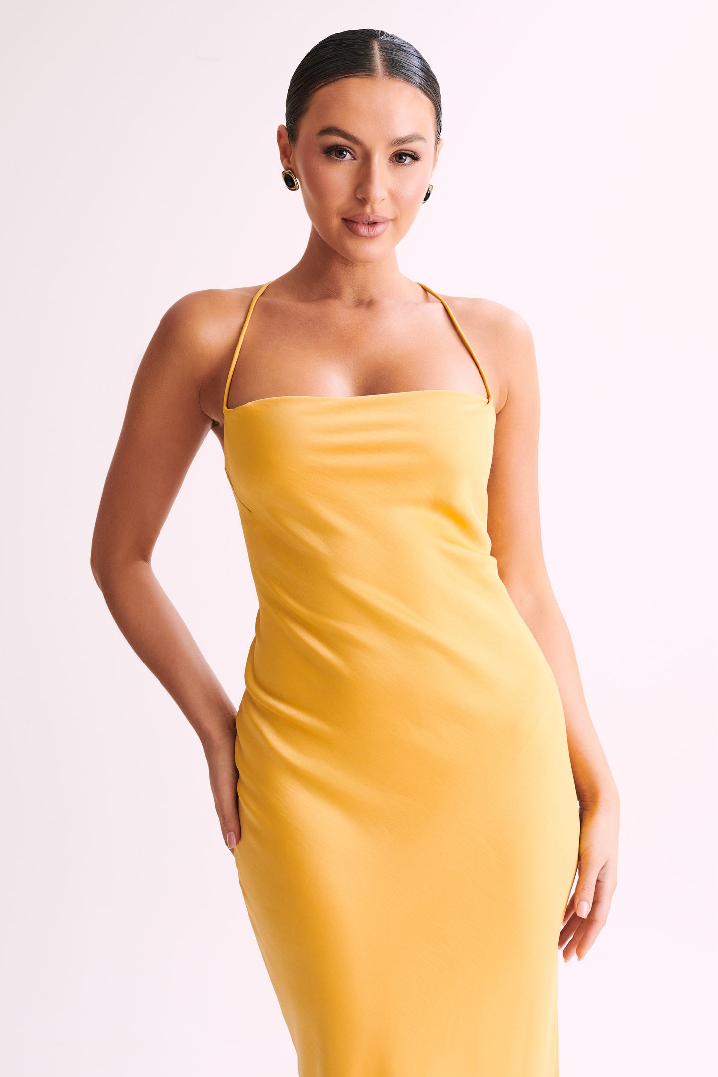 ROF Sydney Düz Yaka Slip Maxi Elbise - Sarı
