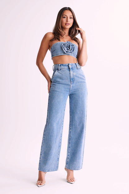 ROF Roxy Geniş Paça Yüksek Bel Denim Jeans - Orta Mavi