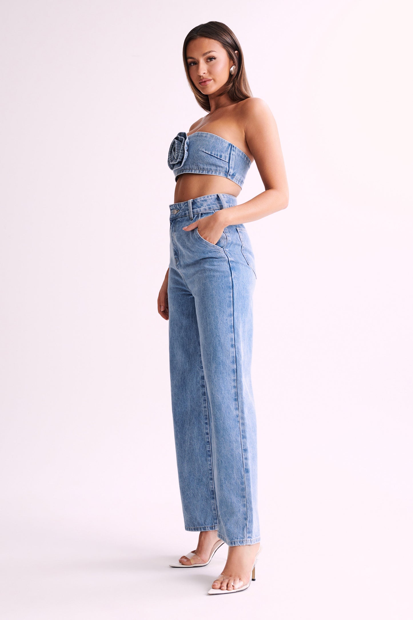 ROF Roxy Geniş Paça Yüksek Bel Denim Jeans - Orta Mavi