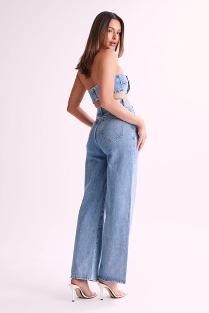 ROF Roxy Geniş Paça Yüksek Bel Denim Jeans - Orta Mavi