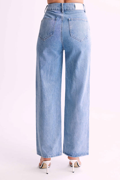 ROF Roxy Geniş Paça Yüksek Bel Denim Jeans - Orta Mavi