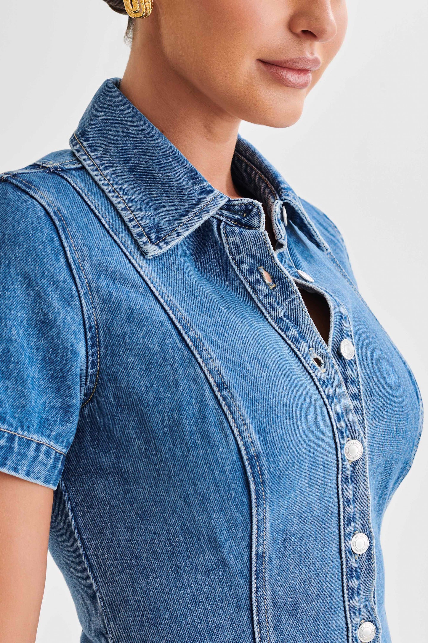 ROF Ellie Denim Kısa Kollu Üst - 70'Ler Mavi
