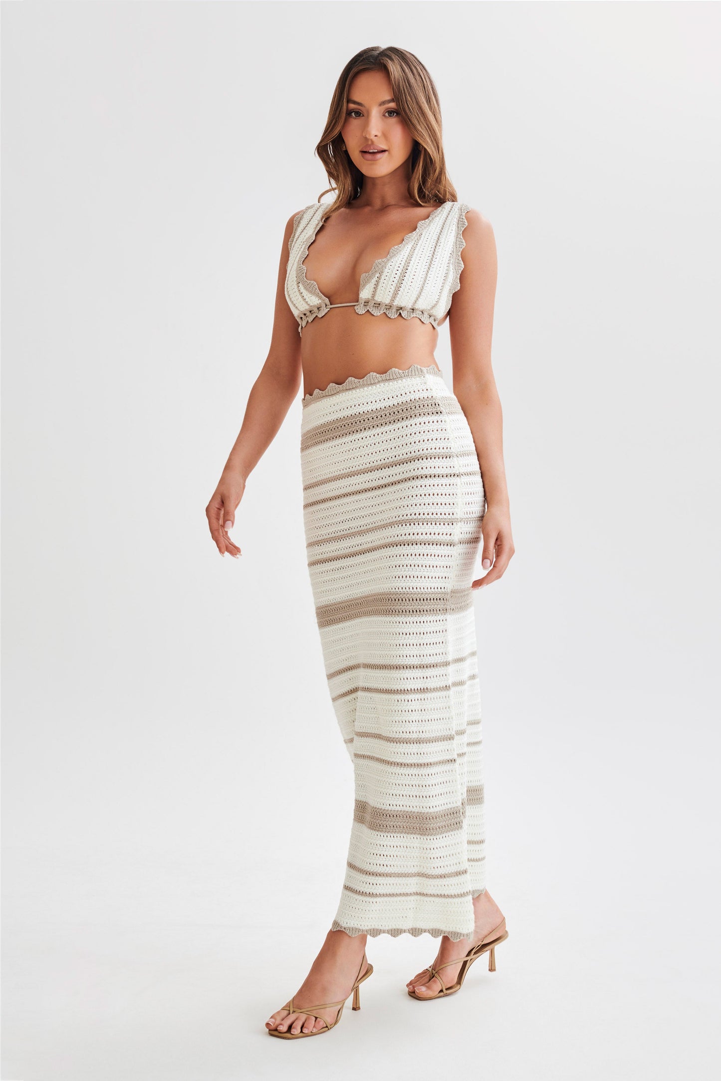 ROF Jadia Kontrast Tığ Bralet - Taupe/Beyaz