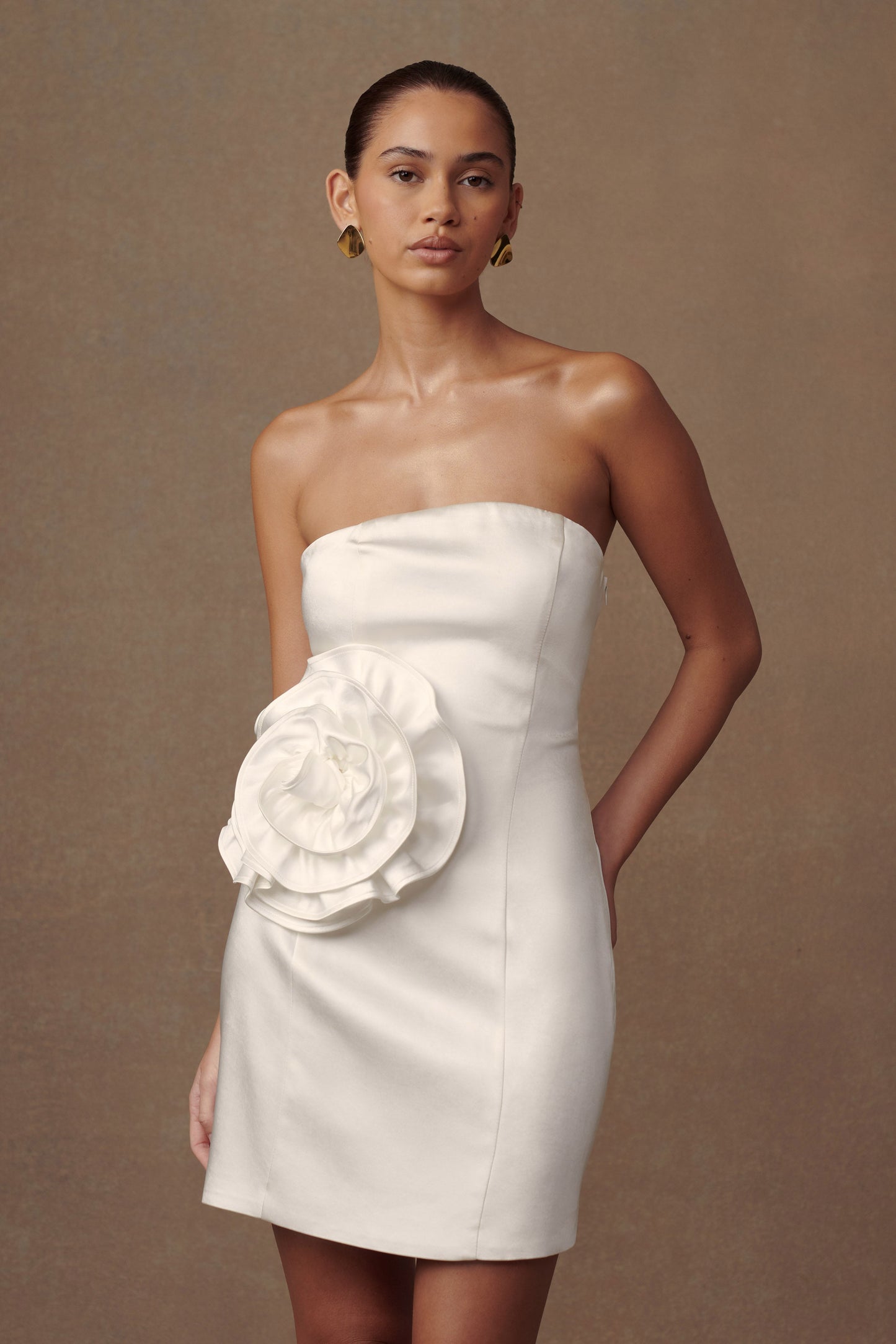 ROF Bernadette Straplez Rose Mini Elbise - Beyaz