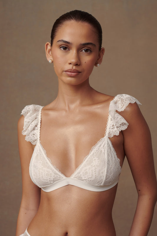 ROF Anniston Dantelli Fırfırlı Üçgen Bralet - Beyaz