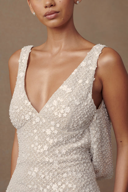 ROF Louanne Daisy Boncuklu Mini Elbise - Beyaz