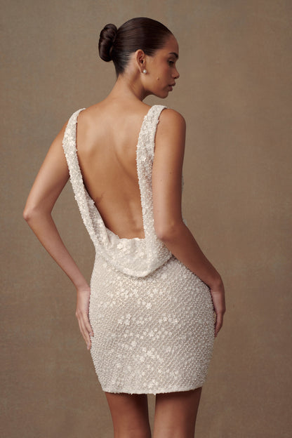 ROF Louanne Daisy Boncuklu Mini Elbise - Beyaz