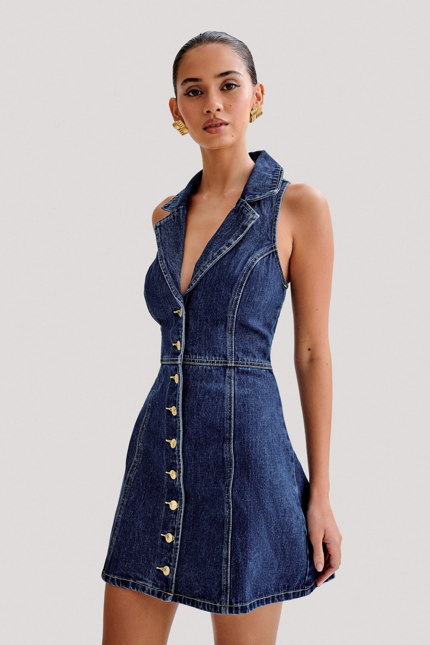 ROF Eugenie Yakalı Denim Mini Elbise - Lacivert