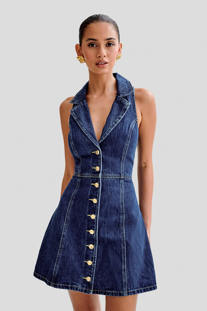 ROF Eugenie Yakalı Denim Mini Elbise - Lacivert