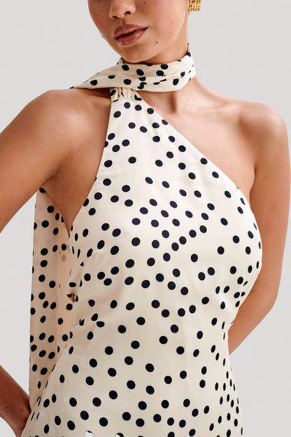 ROF Joan Satin Asimetrik Mini Elbise - Polkadot