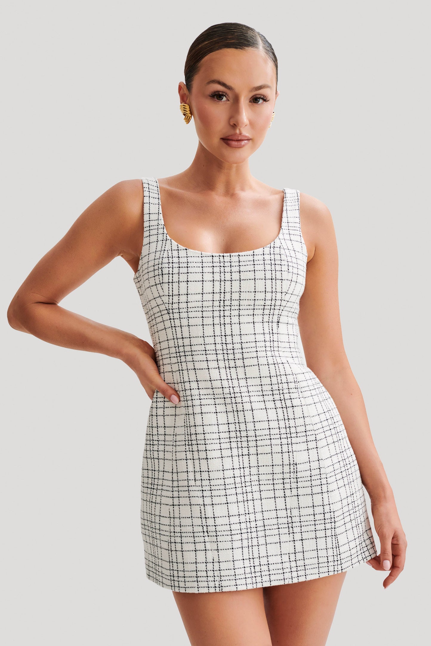 ROF Beth Tweed Mini Elbise - Beyaz Kareli