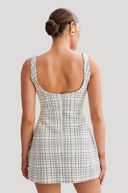 ROF Beth Tweed Mini Elbise - Beyaz Kareli