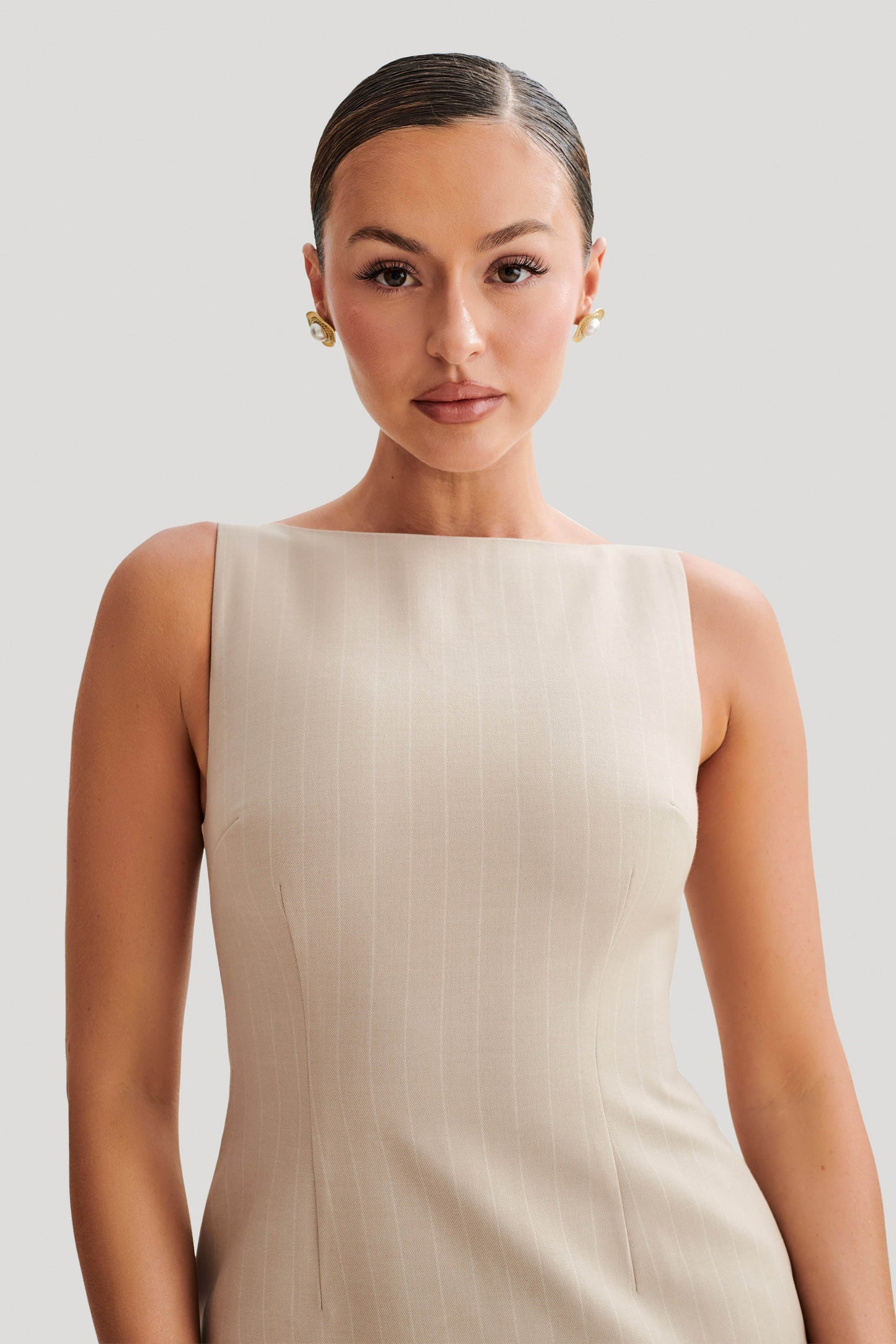 ROF Angela Suit Mini Elbise - Taupe İnce Çizgili