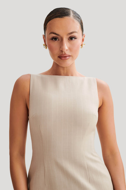 ROF Angela Suit Mini Elbise - Taupe İnce Çizgili