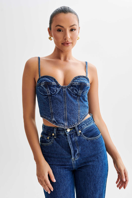 ROF Lana Denim Kaplı Korse Üst - Lacivert