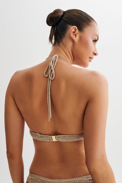 ROF Rhiannon Çiçekli Tığ İşi Boyundan Bağlamalı Bikini Üstü - Taupe/Beyaz
