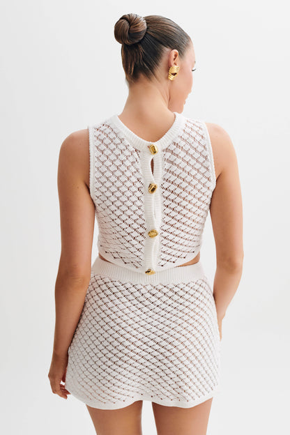 ROF Lorenza Tığ İşi Düğmeli Crop Top - Fildişi