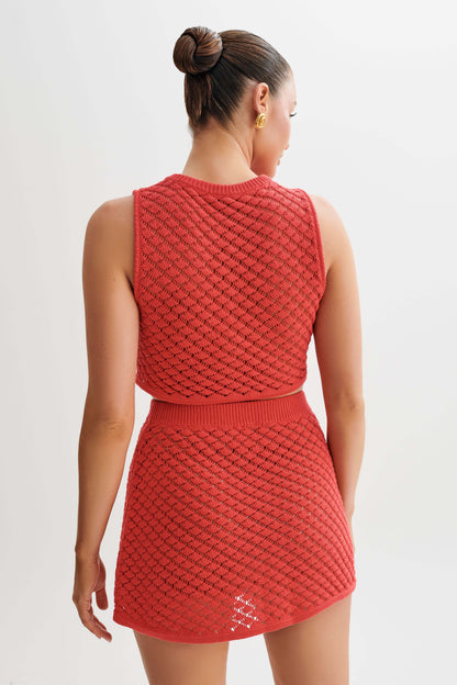 ROF Lorenza Tığ İşi Düğmeli Crop Top - Nar